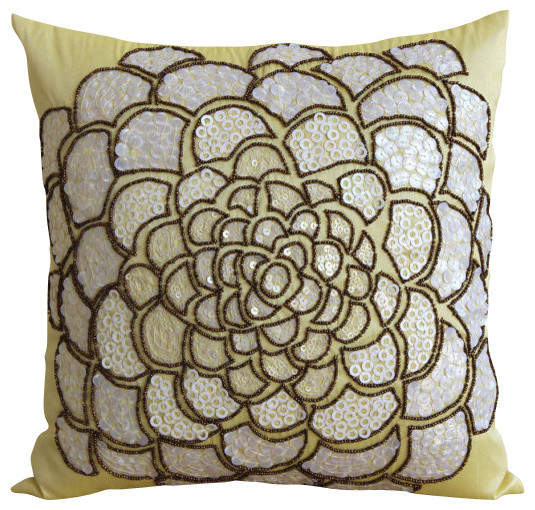 White Wildflower Decorative Yellow Silk Throw Pillow Cover, 24x24 - Tropical - Bed Pillows - by ...